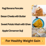 High-calorie breakfast ideas for toddlers 1–3 years including ragi banana pancake, besan cheela with butter, sweet potato mash with ghee, apple cinnamon suji, and a healthy weight gain smoothie