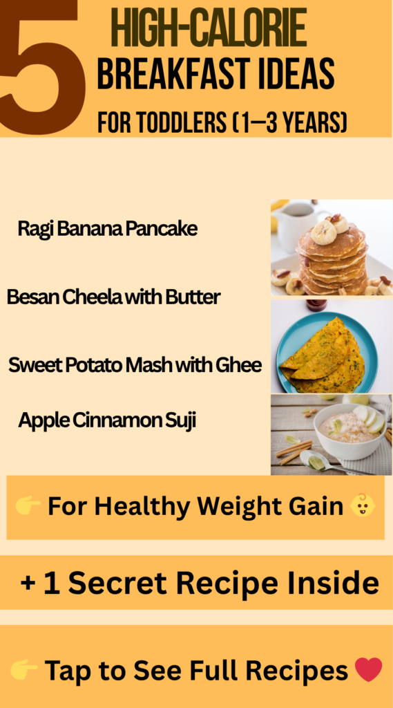 High-calorie breakfast ideas for toddlers 1–3 years including ragi banana pancake, besan cheela with butter, sweet potato mash with ghee, apple cinnamon suji, and a healthy weight gain smoothie