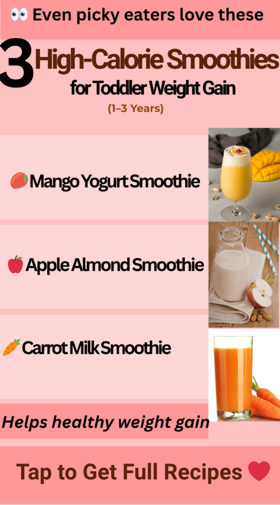 3 High-Calorie Smoothies for Toddlers (Weight Gain Recipes 1–3 Years) High calorie smoothies for toddlers including mango yogurt smoothie, apple almond smoothie, and carrot milk smoothie for healthy weight gain