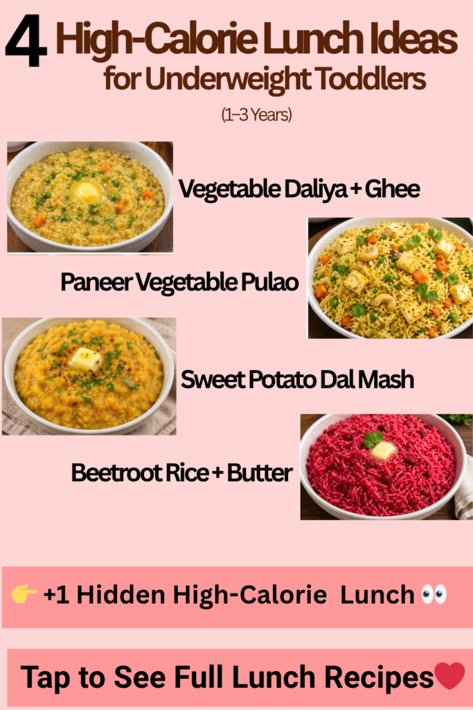 4 High-Calorie Lunch Ideas for Underweight Toddlers (1–3 Years) High-calorie lunch ideas for toddlers including vegetable daliya, paneer pulao, sweet potato dal mash, and beetroot rice for healthy weight gain.