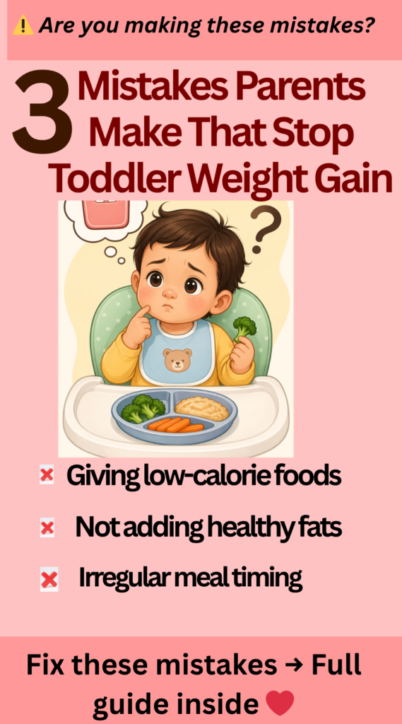 Common mistakes that stop toddler weight gain including low-calorie foods, lack of healthy fats, and irregular meal timing with tips to improve nutrition for toddlers