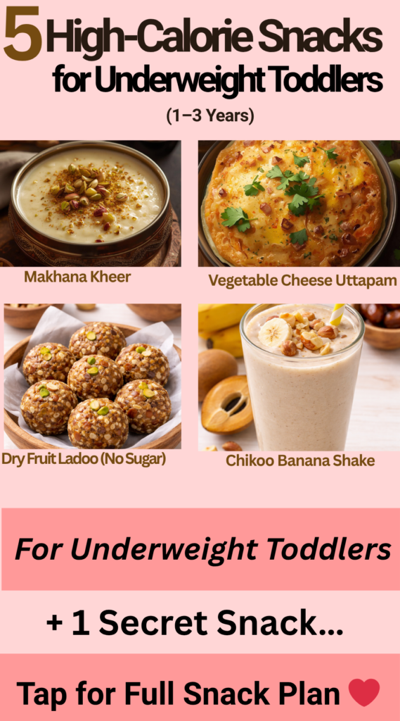 Healthy weight gain snack ideas for toddlers with easy high-calorie Indian foods like dry fruit ladoo, milkshake and uttapam for kids