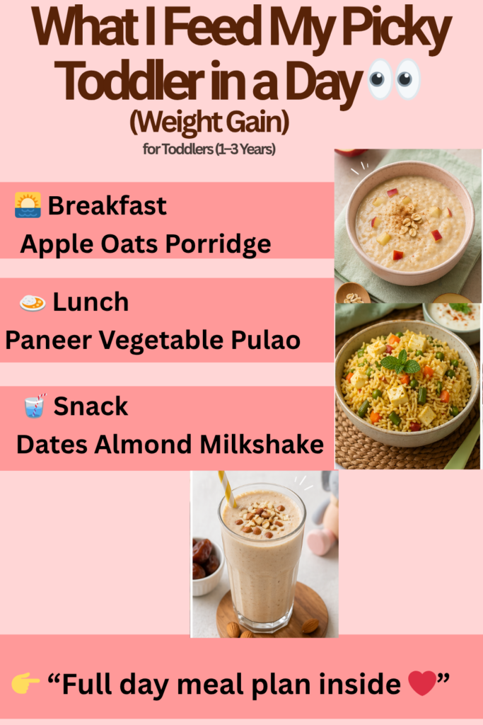 What I Feed My Picky Toddler in a Day (Weight Gain) (1–3 Years) Daily meal plan for picky toddlers including apple oats porridge, paneer vegetable pulao, and dates almond milkshake for healthy weight gain