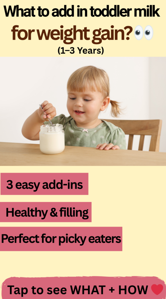 Toddler drinking milk with healthy add-ins for weight gain. Pinterest pin about easy milk ideas for picky toddlers aged 1–3 years.