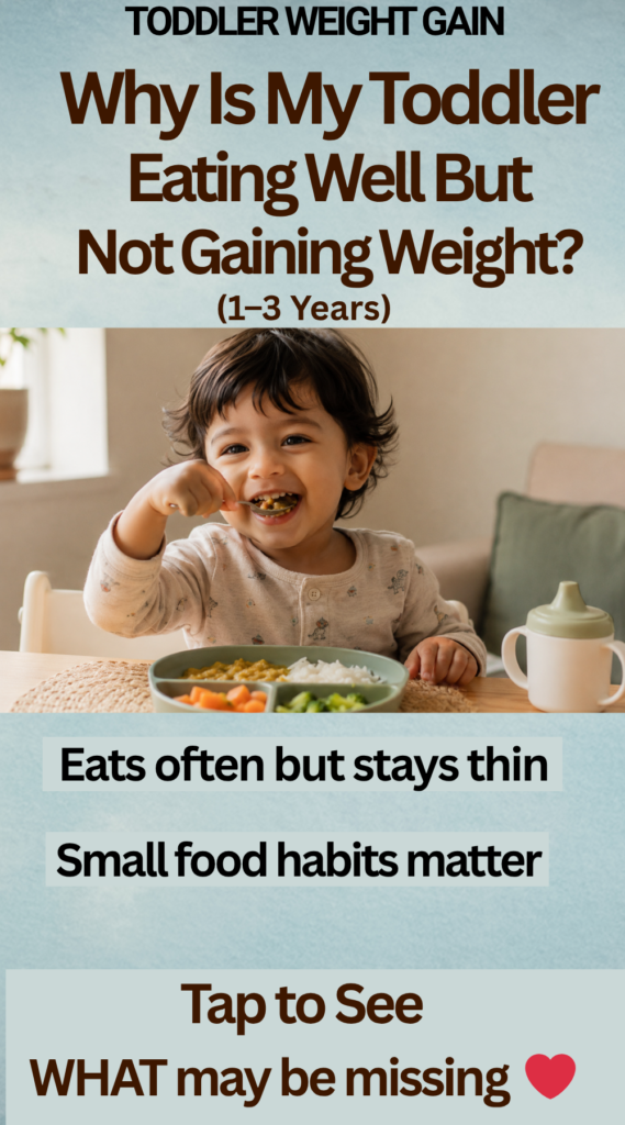 Why Is My Toddler Eating Well But Not Gaining Weight? (1–3 Years) Happy toddler eating a healthy meal with text overlay “Why Is My Toddler Eating Well But Not Gaining Weight? (1–3 Years)” and toddler weight gain tips.