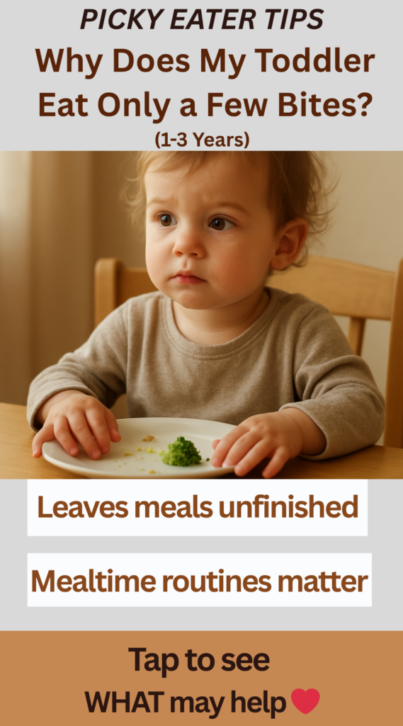 Toddler sitting at a dining table eating only a few bites with text overlay “Why Does My Toddler Eat Only a Few Bites? (1–3 Years)” and toddler feeding tips.