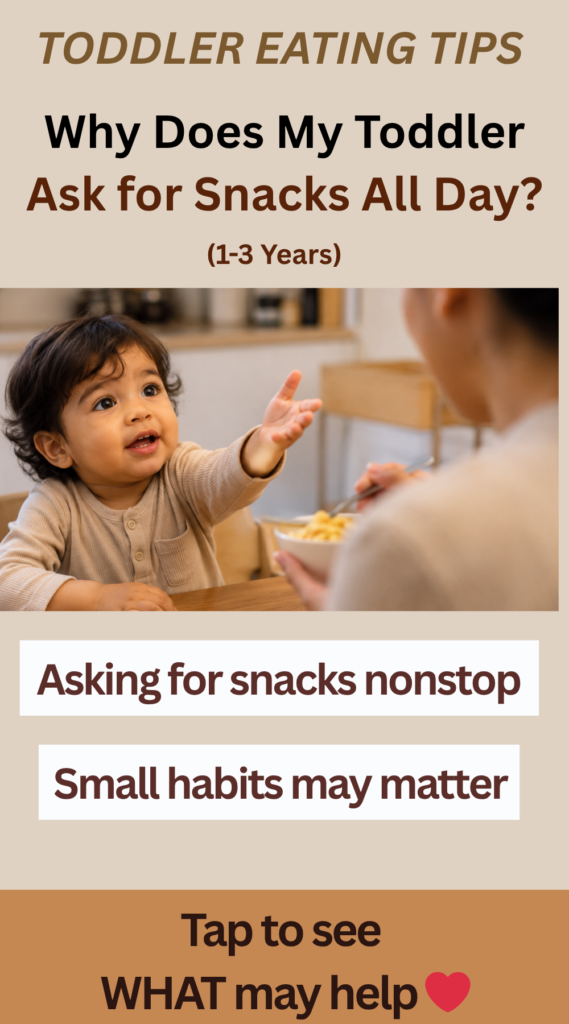 Why Toddlers Ask for Snacks All Day (1–3 Years) Toddler eating tips explaining why toddlers ask for snacks all day including meal balance and fullness ideas for toddlers ages 1–3 years.