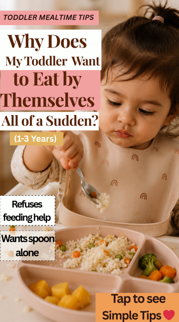 Toddler independently eating rice with a spoon while practicing self-feeding at the table.