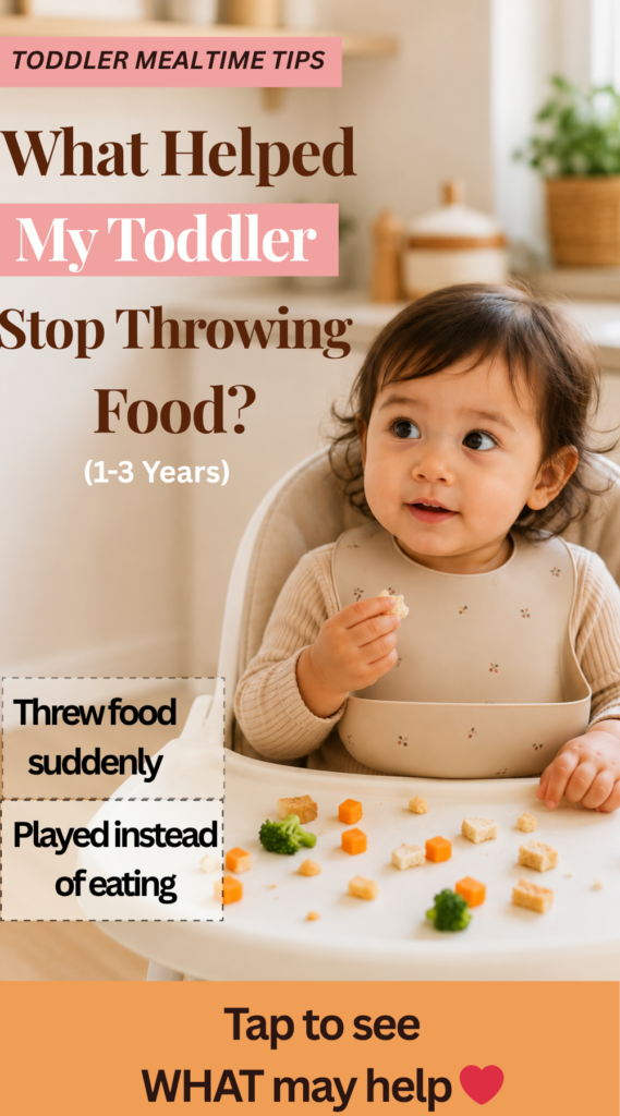 Toddler sitting in a high chair with small food pieces on tray in a warm neutral kitchen with text overlay about stopping food throwing during meals.