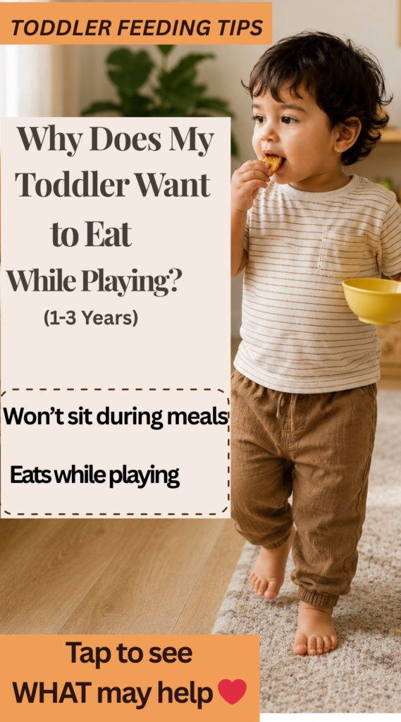 Toddler walking around while eating snacks with text overlay “Why Does My Toddler Want to Eat While Playing? (1–3 Years)” and toddler feeding tips.