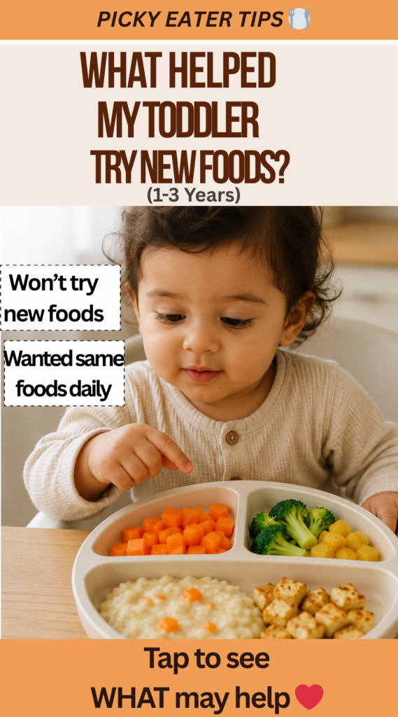 What Helped My Toddler Try New Foods? (1–3 Years) Toddler sitting at dining table looking curiously at colorful foods on a divided plate with text overlay “What Helped My Toddler Try New Foods?” and picky eater tips.