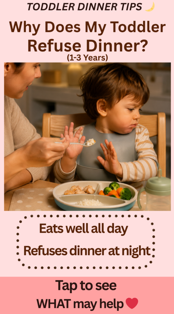 Toddler sitting at dinner table refusing food with text overlay “Why Does My Toddler Refuse Dinner? (1–3 Years)” and toddler dinner tips.