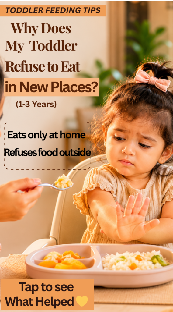 Toddler refusing food while sitting in a new dining environment with a meal plate nearby.