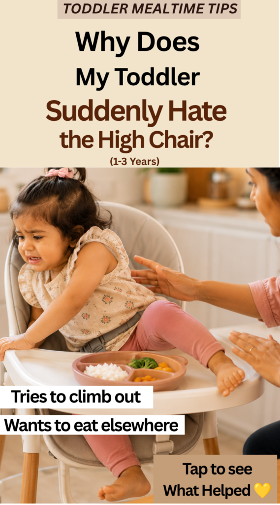 Toddler trying to climb out of a high chair during mealtime while refusing to stay seated at the table.