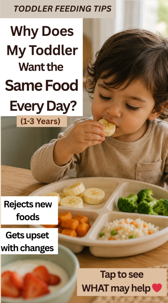 Toddler eating banana slices from a divided plate while ignoring other foods during mealtime.