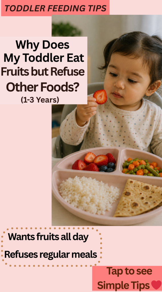 Toddler happily eating strawberries while other meal foods remain untouched on a divided plate.