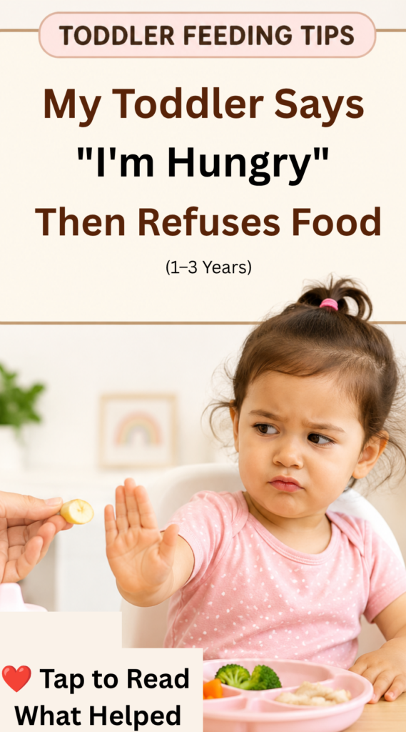 My Toddler Says "I'm Hungry" Then Refuses Food (1–3 Years) Toddler sitting in a high chair refusing food that is being offered, even though they previously said they were hungry, illustrating a common toddler feeding challenge for ages 1–3 years.
