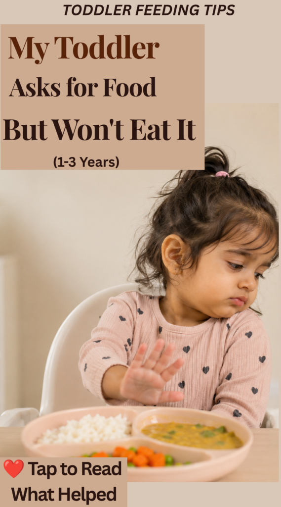 Toddler sitting in a high chair with a plate of food, asking for food but then turning away and refusing to eat, illustrating a common toddler feeding challenge for ages 1–3 years.