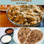 What I Serve My Toddler for Dinner When She's Extra Hungry (1–3 Years) Toddler dinner ideas for hungry toddlers featuring paneer vegetable pulao and stuffed paratha served with curd. Easy, filling meal ideas for children aged 1–3 years.