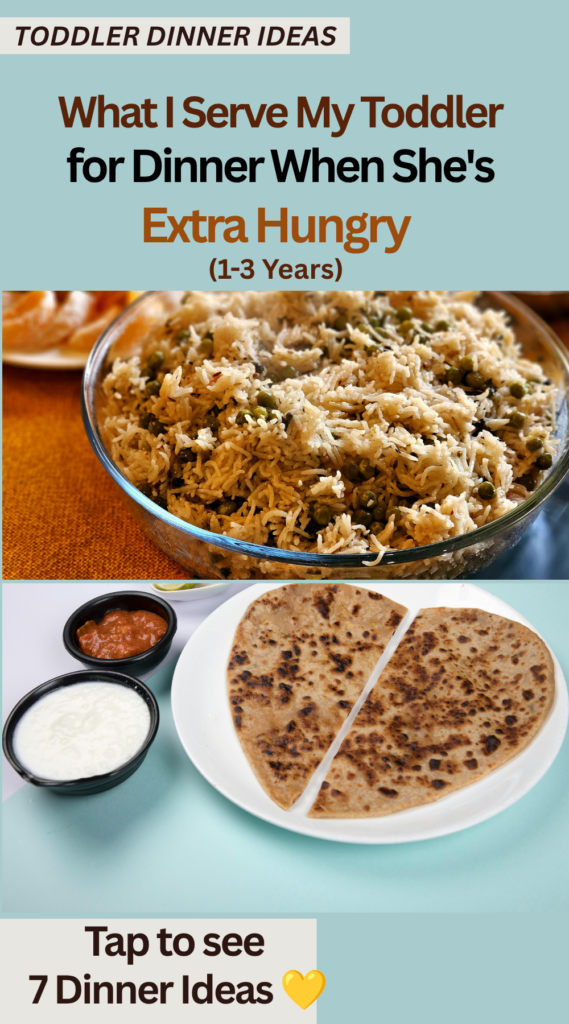 Toddler dinner ideas for hungry toddlers featuring paneer vegetable pulao and stuffed paratha served with curd. Easy, filling meal ideas for children aged 1–3 years.