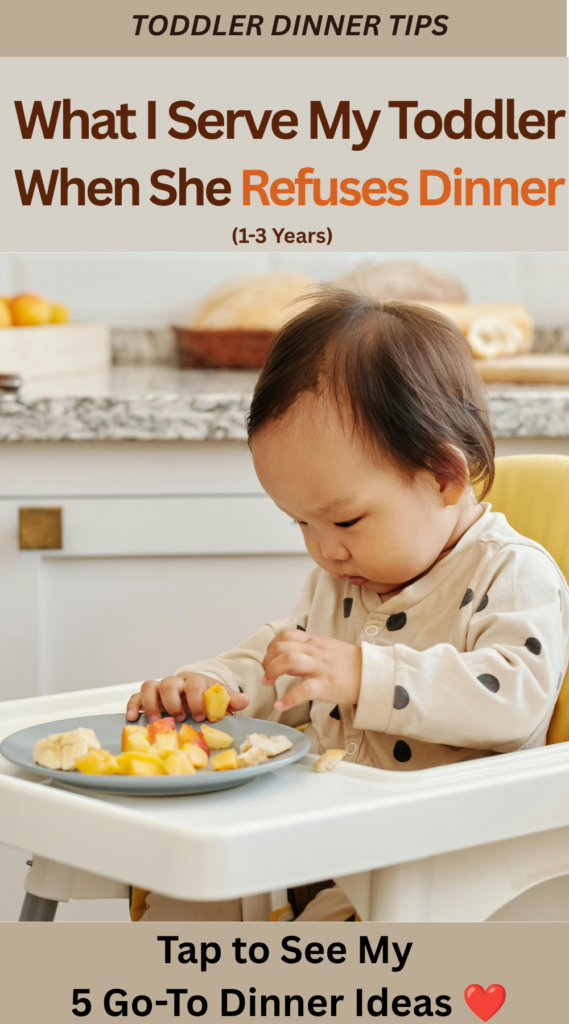 Toddler refusing dinner while sitting at the dining table, with easy toddler dinner ideas and meal solutions for picky eaters aged 1–3 years.