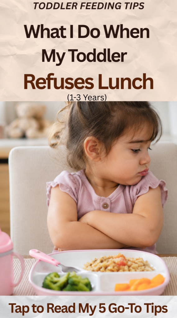 Toddler sitting at a dining table looking away from lunch, featuring easy lunch ideas and feeding tips for toddlers aged 1–3 years who refuse meals.