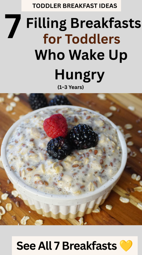 Toddler breakfast plate with mini pancakes, banana slices, blueberries, strawberries, and milk, featuring easy breakfast ideas for toddlers aged 1–3 years.