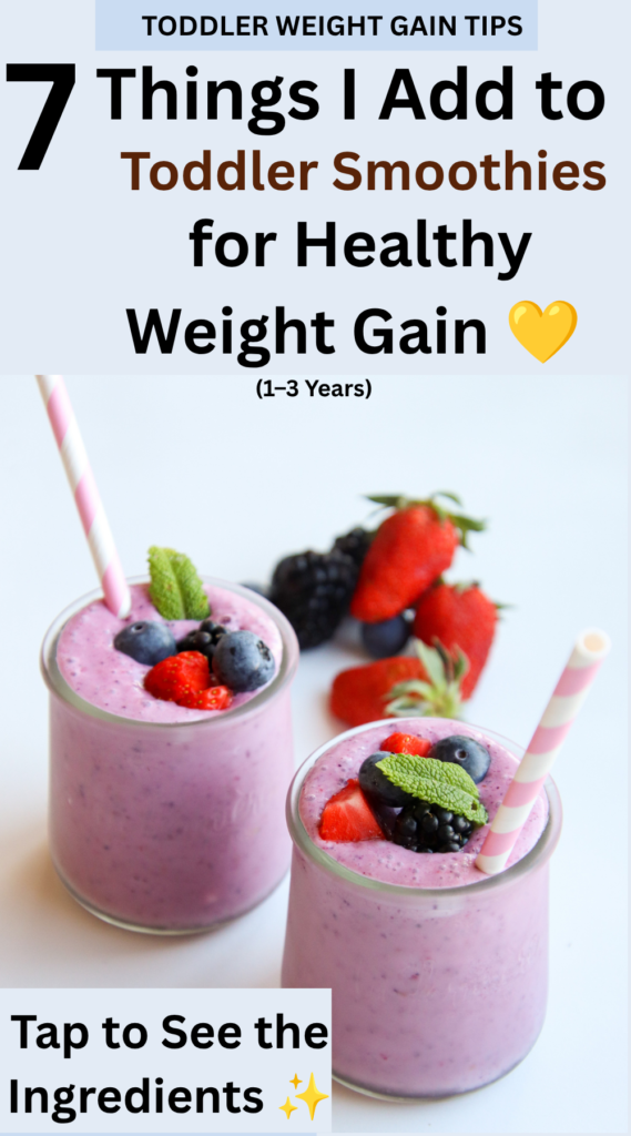 Toddler smoothie for healthy weight gain made with nutritious ingredients, served in glass jars with berries and fruit garnish.