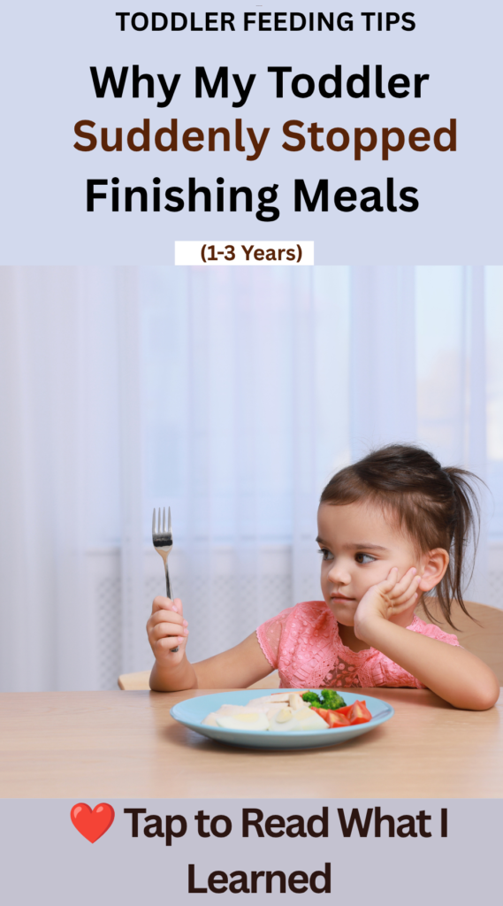 Why My Toddler Suddenly Stopped Finishing Meals (1–3 Years) Toddler sitting at a table with a partially eaten meal, looking distracted and no longer interested in finishing the food, illustrating a common toddler feeding concern for ages 1–3 years.
