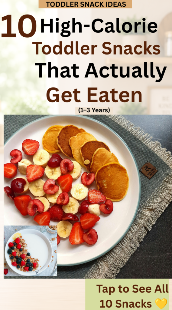 High-calorie toddler snack plate featuring mini pancakes, banana slices, strawberries, and cherries arranged on a divided plate for healthy toddler weight gain.