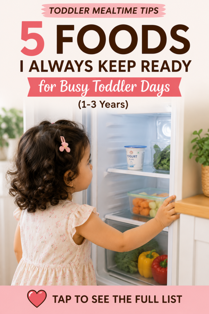 Why I Always Keep These 5 Foods Ready for Busy Toddler Days (1–3 Years) Toddler sitting at a kitchen table with simple healthy foods, representing five easy foods to keep ready for busy toddler days. Pinterest pin about quick toddler meal ideas for children aged 1–3 years.