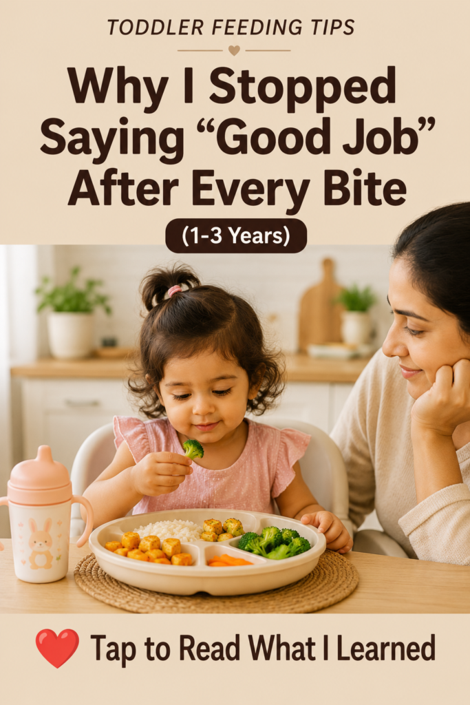 Toddler eating independently while a parent smiles nearby, illustrating a calm and pressure-free approach to encouraging healthy eating habits in young children.