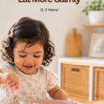 Happy toddler girl eating independently from a divided plate during a calm mealtime in a bright kitchen.