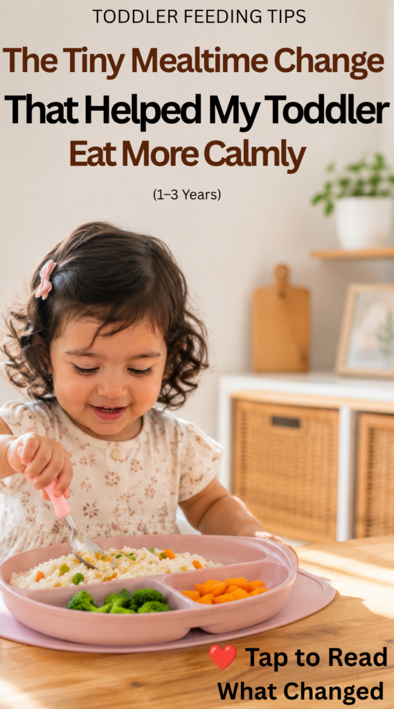 Happy toddler girl eating independently from a divided plate during a calm mealtime in a bright kitchen.