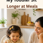 Toddler happily eating independently at the table while a parent smiles nearby, illustrating calm, pressure-free mealtimes that help children stay seated longer.