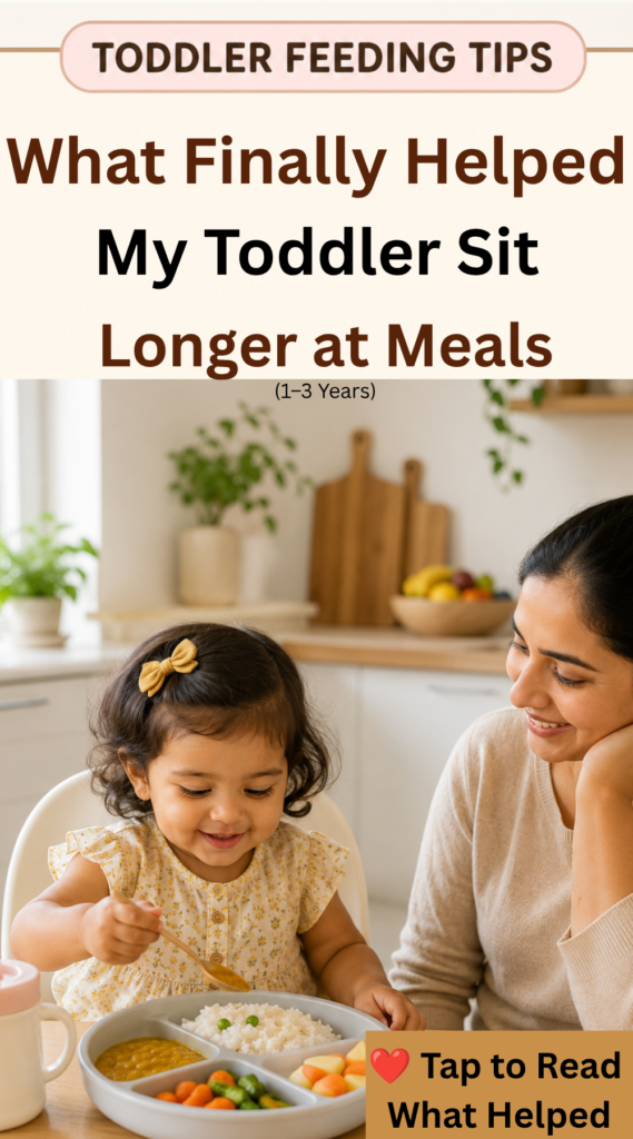 What Finally Helped My Toddler Sit Longer at Meals (1–3 Years) Toddler happily eating independently at the table while a parent smiles nearby, illustrating calm, pressure-free mealtimes that help children stay seated longer.