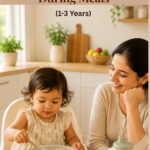 Toddler eating independently while a parent sits nearby quietly smiling during a calm family mealtime in a bright kitchen.
