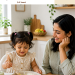Toddler eating independently from a divided plate while a parent smiles nearby, illustrating a calm and pressure-free approach to introducing different foods to young children.