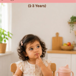 Is Your Toddler Actually Hungry? 5 Signs Parents Often Miss (1–3 Years) Toddler sitting at the dining table with a divided plate of healthy food, looking thoughtful before eating. Pinterest pin about recognizing real hunger signs in toddlers aged 1–3 years.