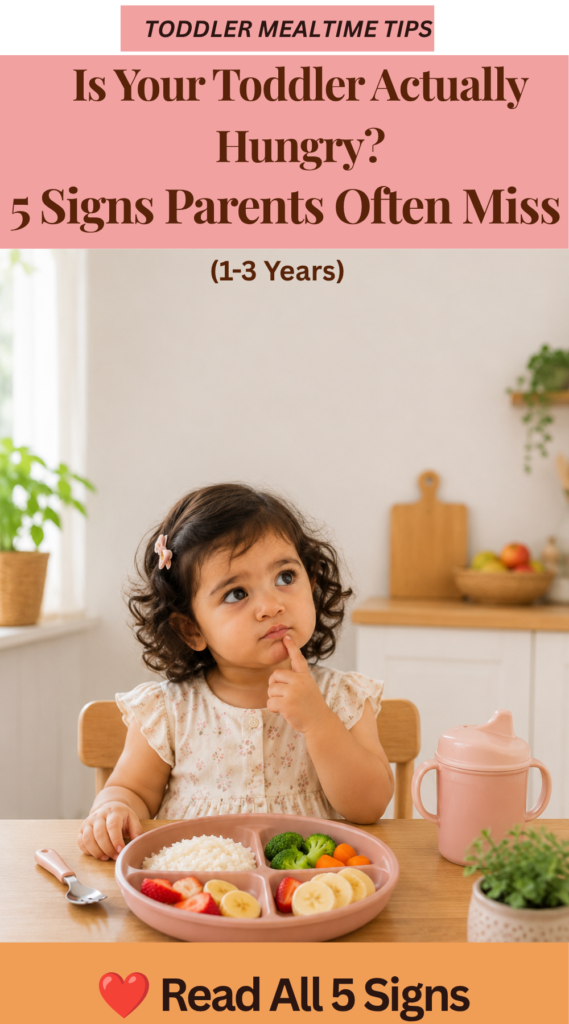 Toddler sitting at the dining table with a divided plate of healthy food, looking thoughtful before eating. Pinterest pin about recognizing real hunger signs in toddlers aged 1–3 years.
